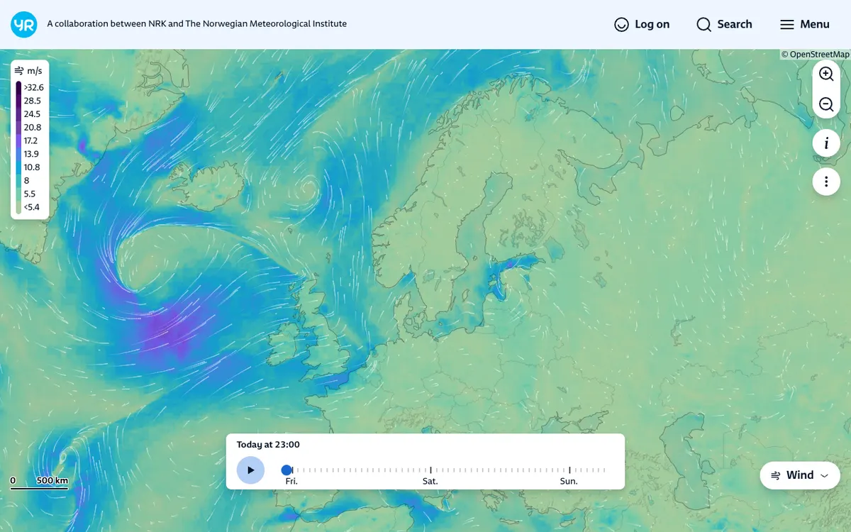 The map in YR.no Weather Maps